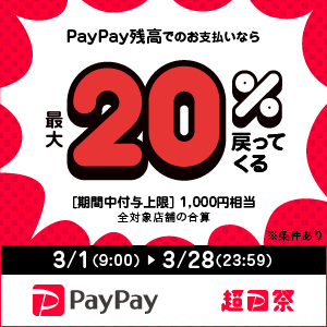 超PayPay祭開催!3/1(月)~28(日)はPayPayでのお買い物がお得に!